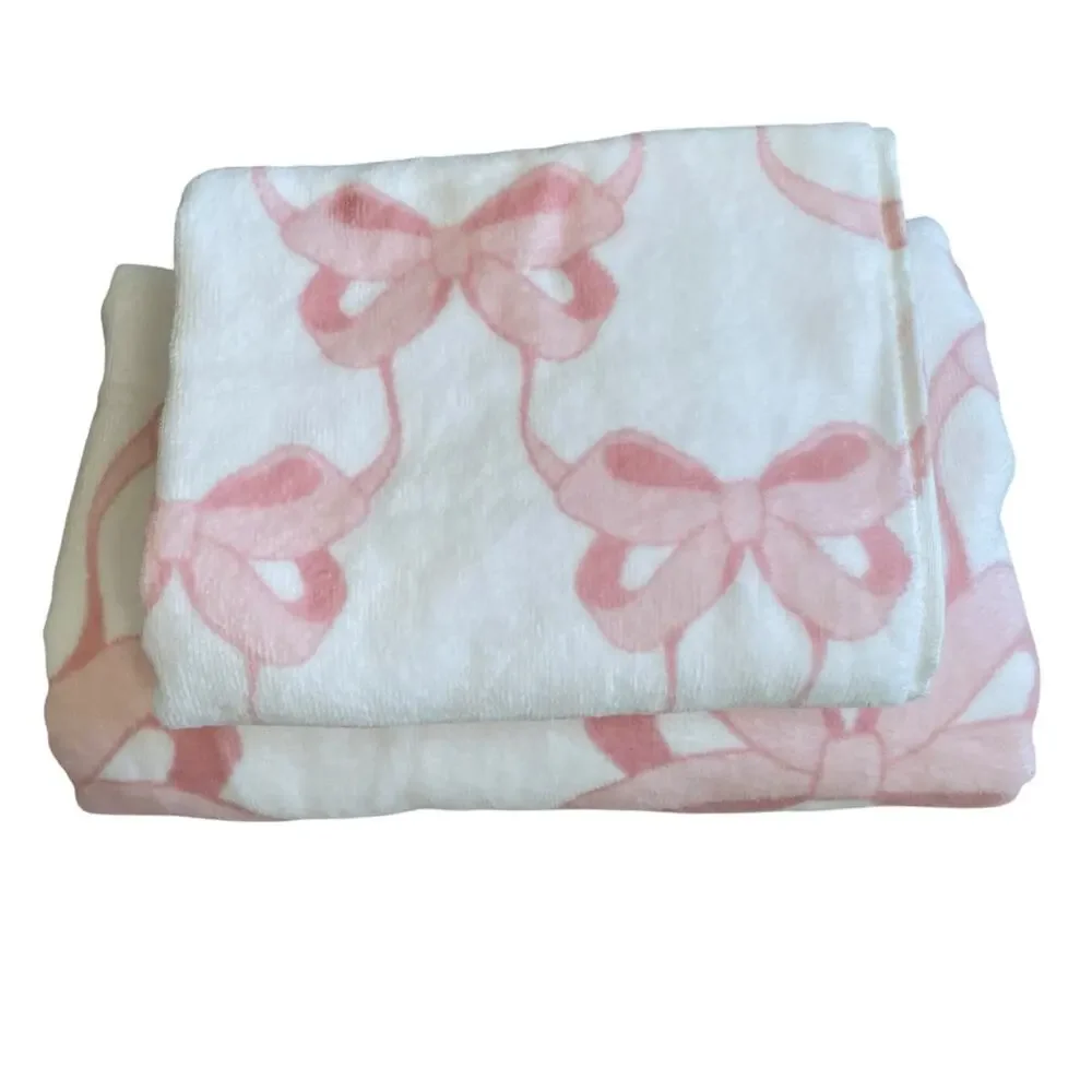 Kassafina Coquette Pink Bow Hand & Bath Towel 4PC Set 100% Cotton White NEW